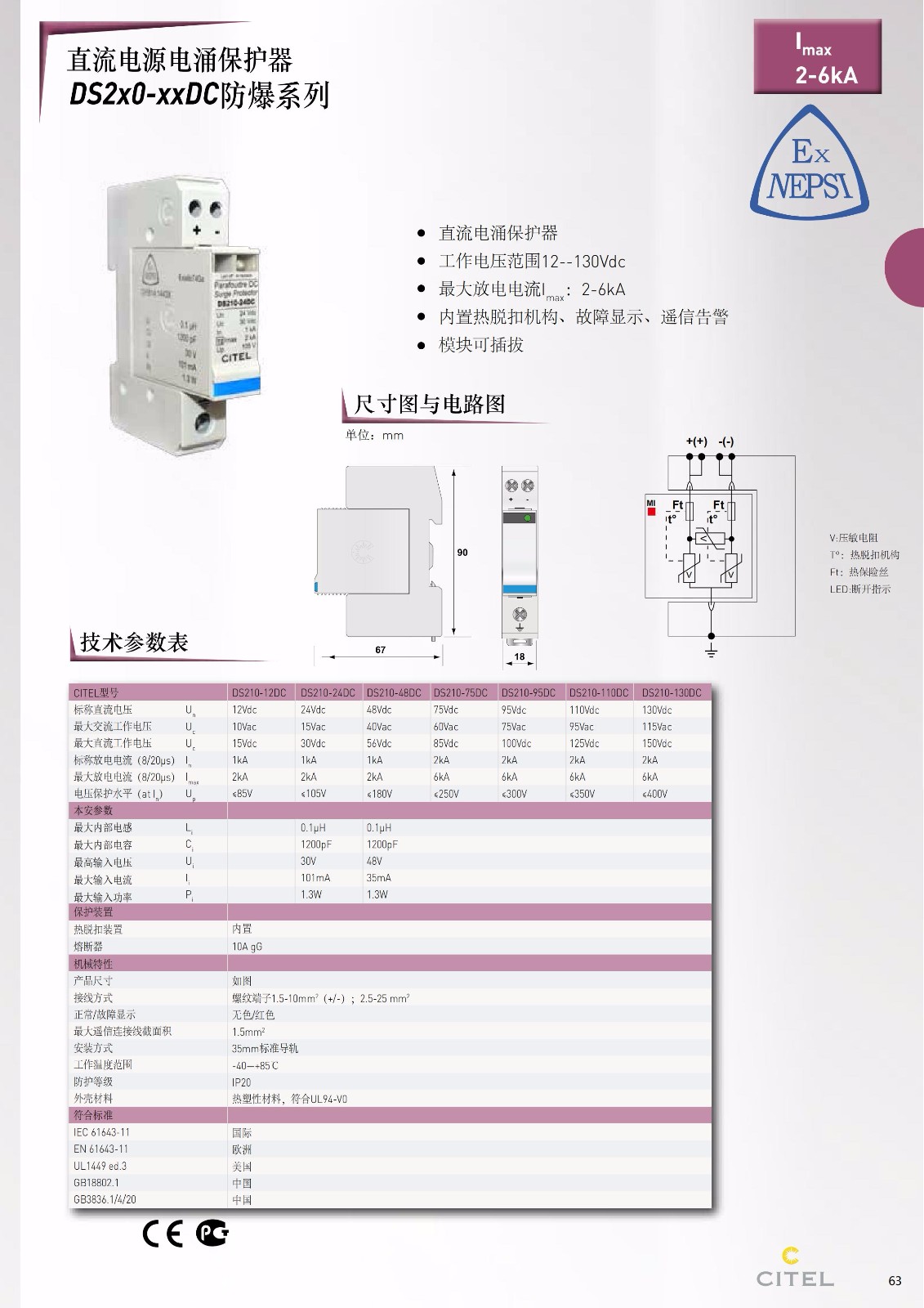 直流防雷器DS50PV-1000-30系列技術(shù)參數(shù)、規(guī)格尺寸